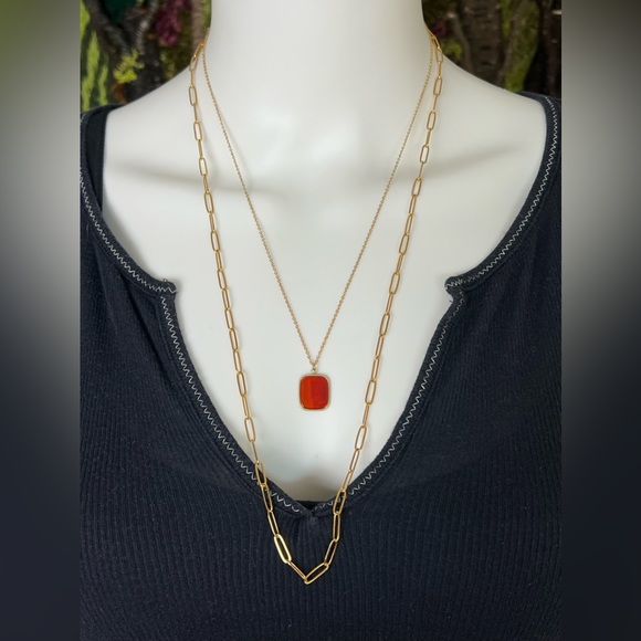 Red & Gold Elegant Pendant Layered Necklace, Red Natural Stone Pendant Necklace - Picture 8 of 14